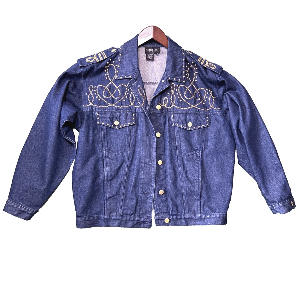 Vintage Carole Little Womens Cowboy Denim Jean Jacket Size 4 Gold Rodeo Cowgirl